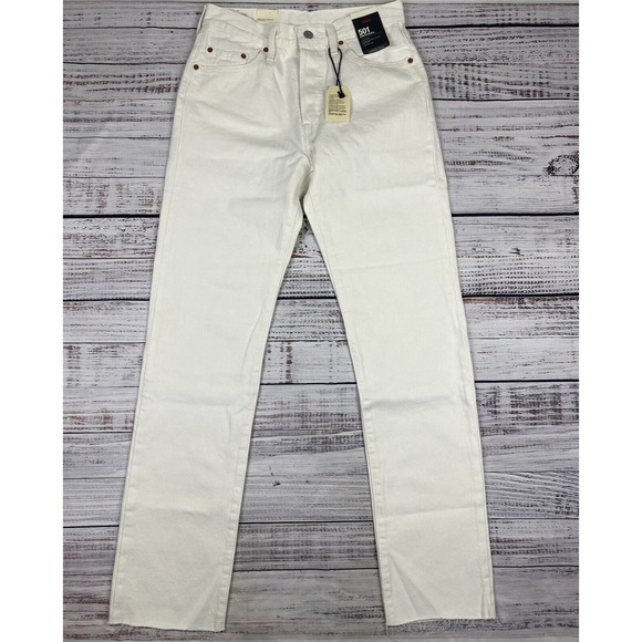 NWT Levis Premium Big E Womens 24x32 501 Straight Jeans Raw Hem Yacht Time White - Picture 7 of 11